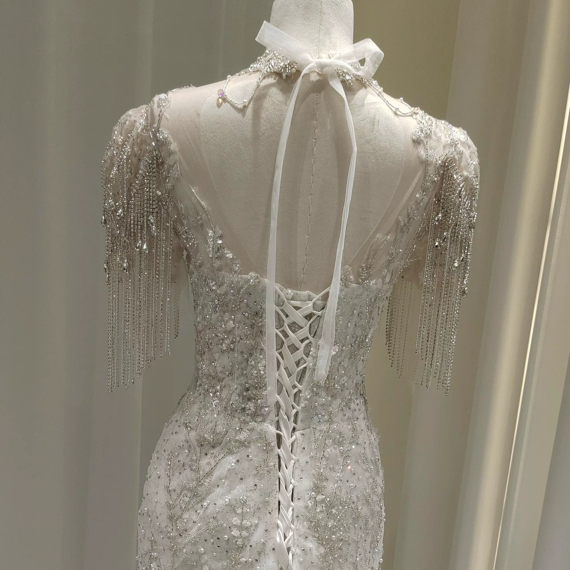 Twinklegowns Luxury Beaded Mermaid Wedding Dress with Crystal Fringe Sleeves SL150