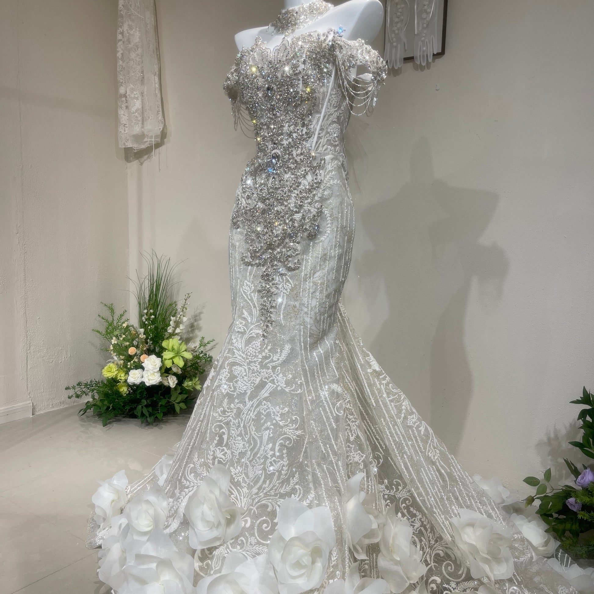 TwinkleGowns Crystal Off-Shoulder Mermaid Wedding Dress with Cathedral Train SL147