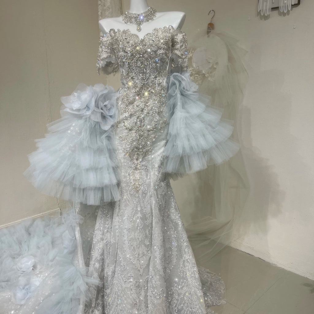 Twinklegowns Luxury Crystal Beaded Mermaid Wedding Dress with Detachable Tulle Sleeves SL149