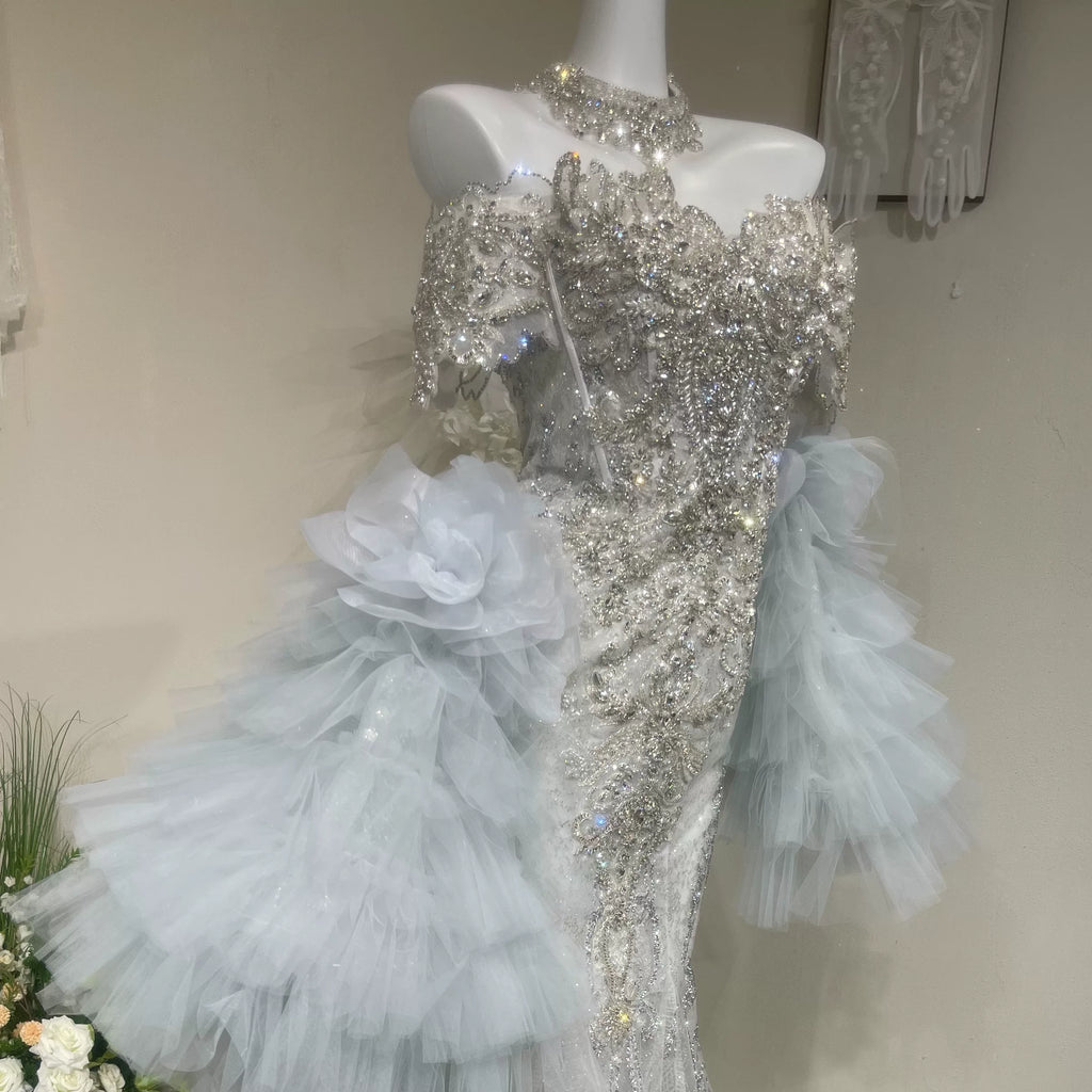 Twinklegowns Luxury Crystal Beaded Mermaid Wedding Dress with Detachable Tulle Sleeves SL149