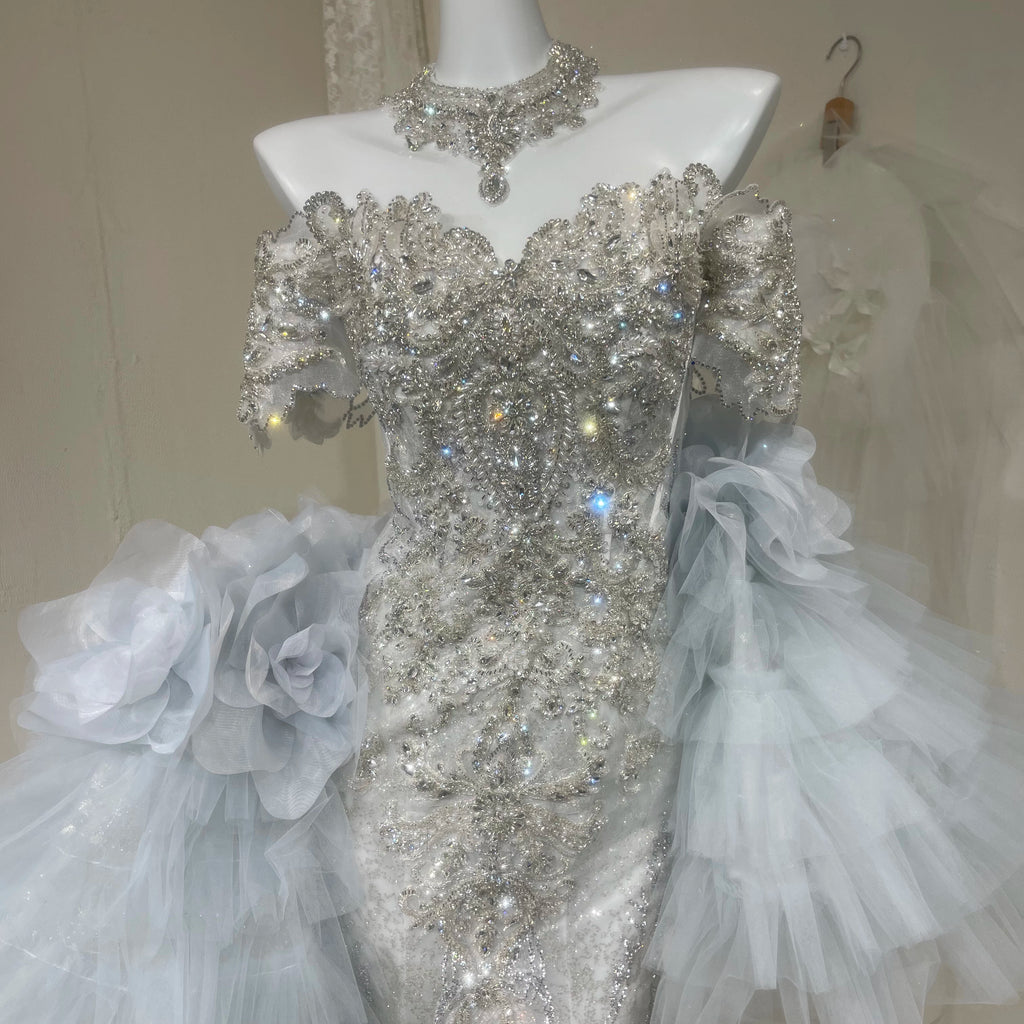 Twinklegowns Luxury Crystal Beaded Mermaid Wedding Dress with Detachable Tulle Sleeves SL149