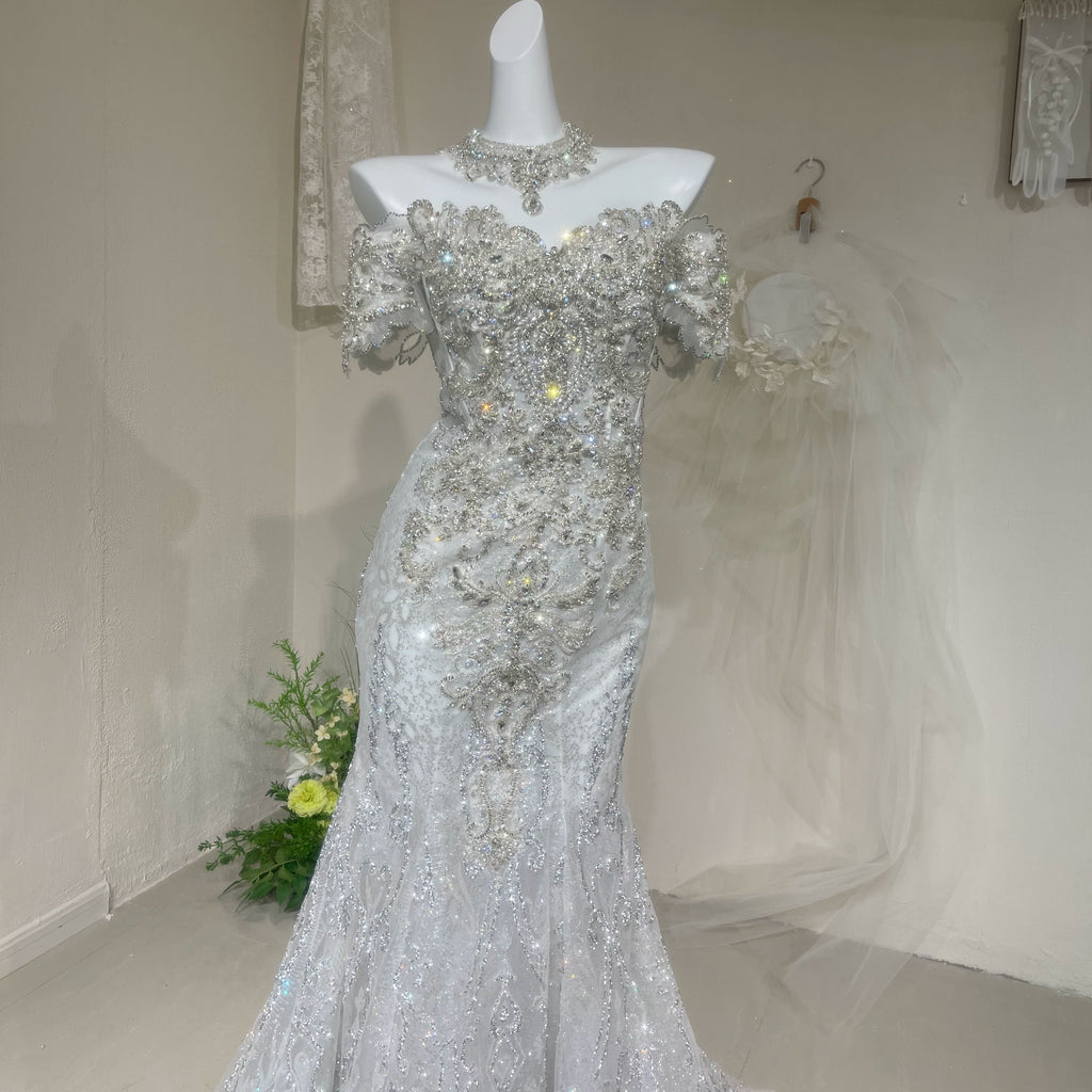 Twinklegowns Luxury Crystal Beaded Mermaid Wedding Dress with Detachable Tulle Sleeves SL149