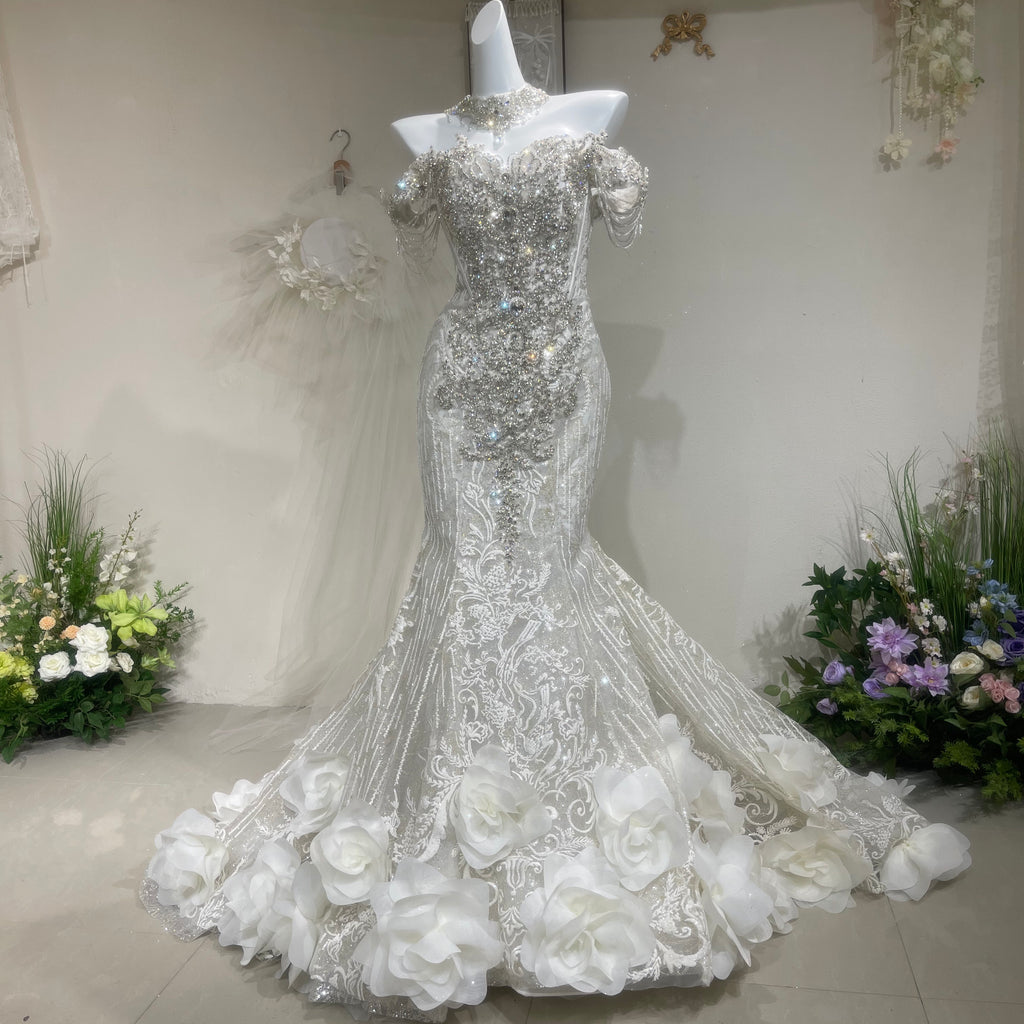 TwinkleGowns Crystal Off-Shoulder Mermaid Wedding Dress with Cathedral Train SL147