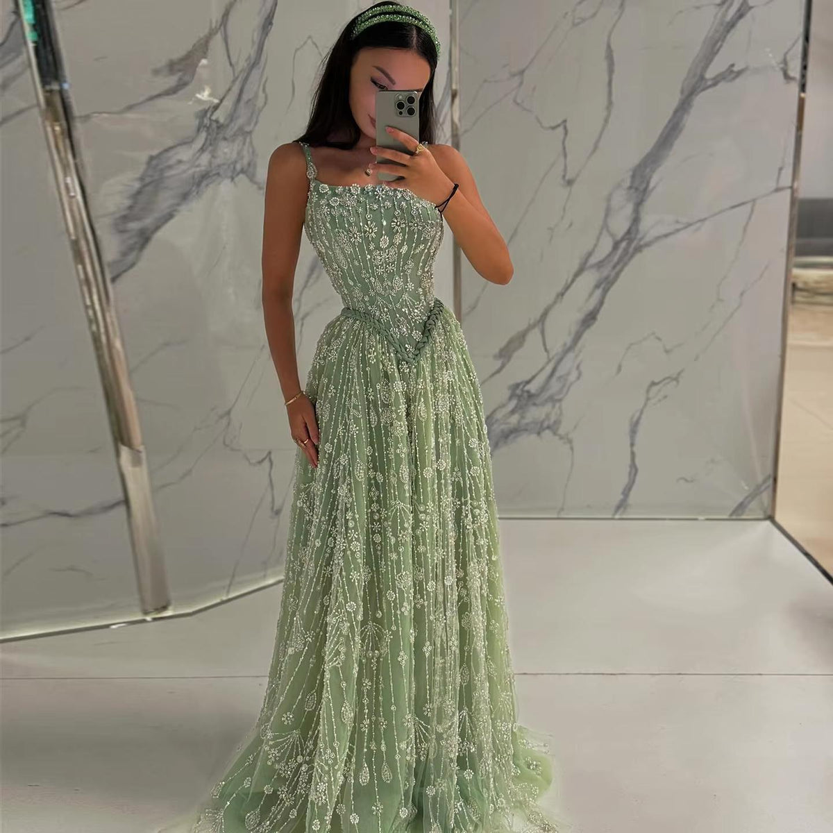 Elegant Sage Green Beads Evening Dress with Spaghetti Straps SL210