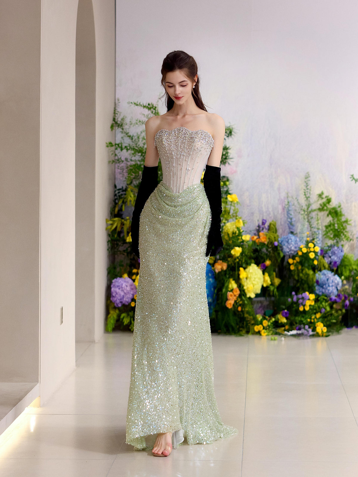 Luxurious Strapless Beaded Crystal Embellished Corset Evening Gown SL210