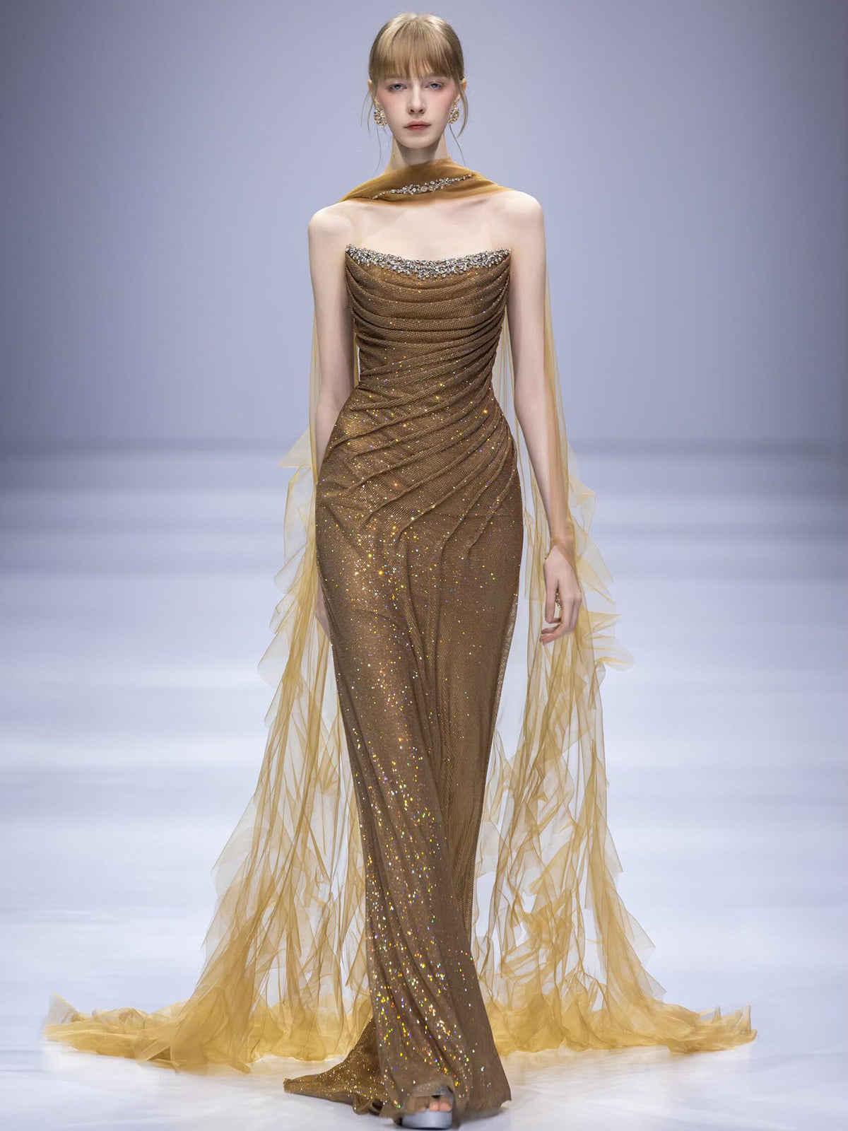 Glamorous Champagne Gold Draped Glitter Evening Gown with Sheer Cape SL211