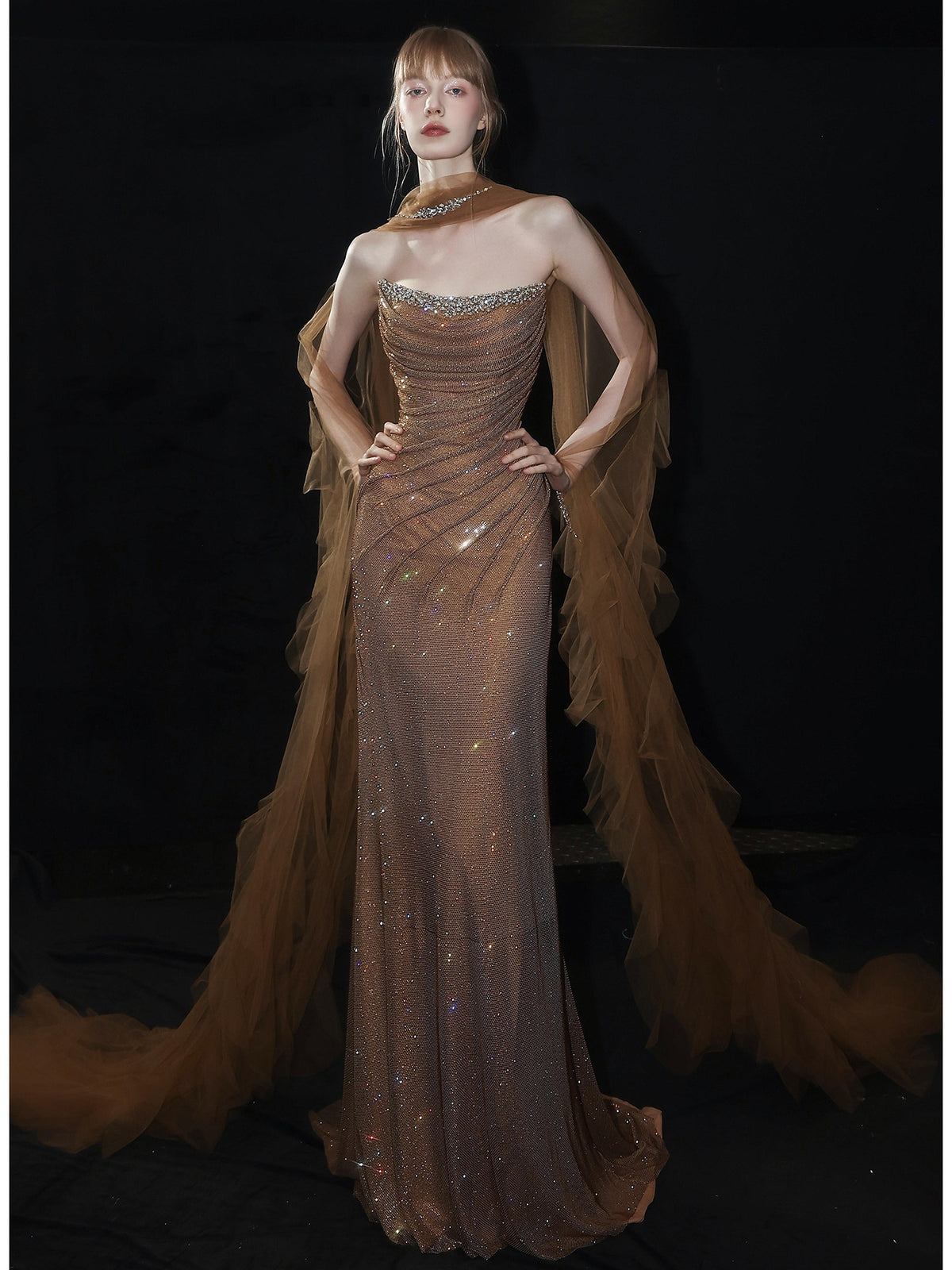 Glamorous Champagne Gold Draped Glitter Evening Gown with Sheer Cape SL211
