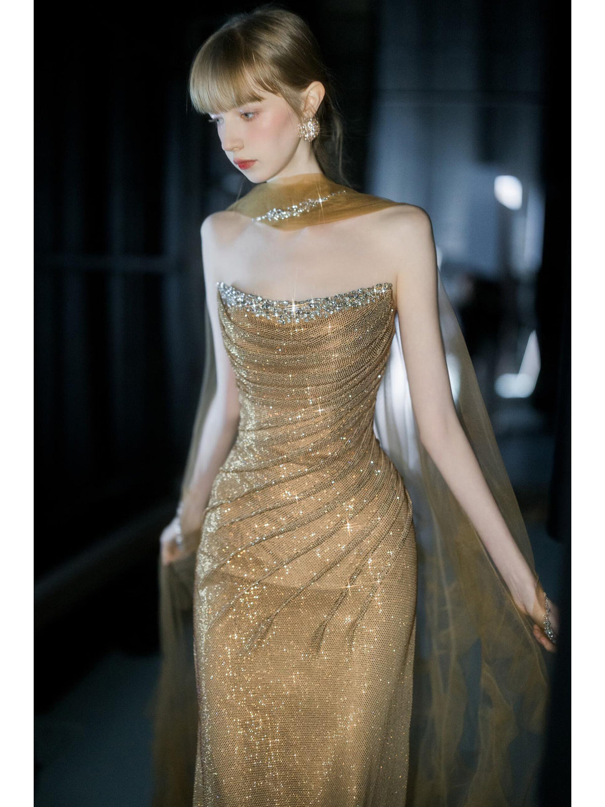 Glamorous Champagne Gold Draped Glitter Evening Gown with Sheer Cape SL211