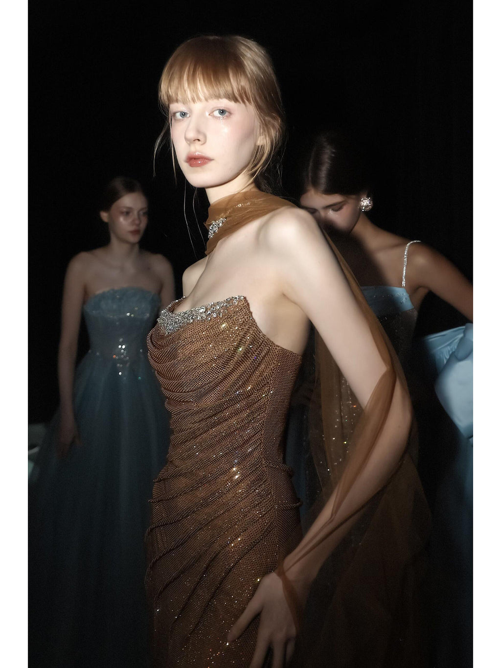 Glamorous Champagne Gold Draped Glitter Evening Gown with Sheer Cape SL211