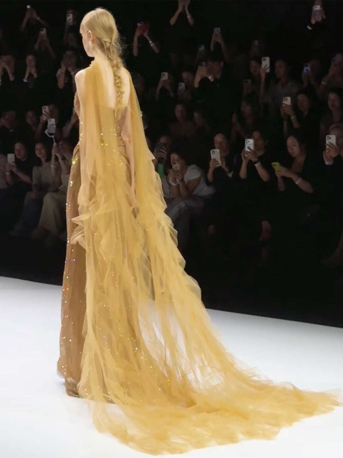 Glamorous Champagne Gold Draped Glitter Evening Gown with Sheer Cape SL211