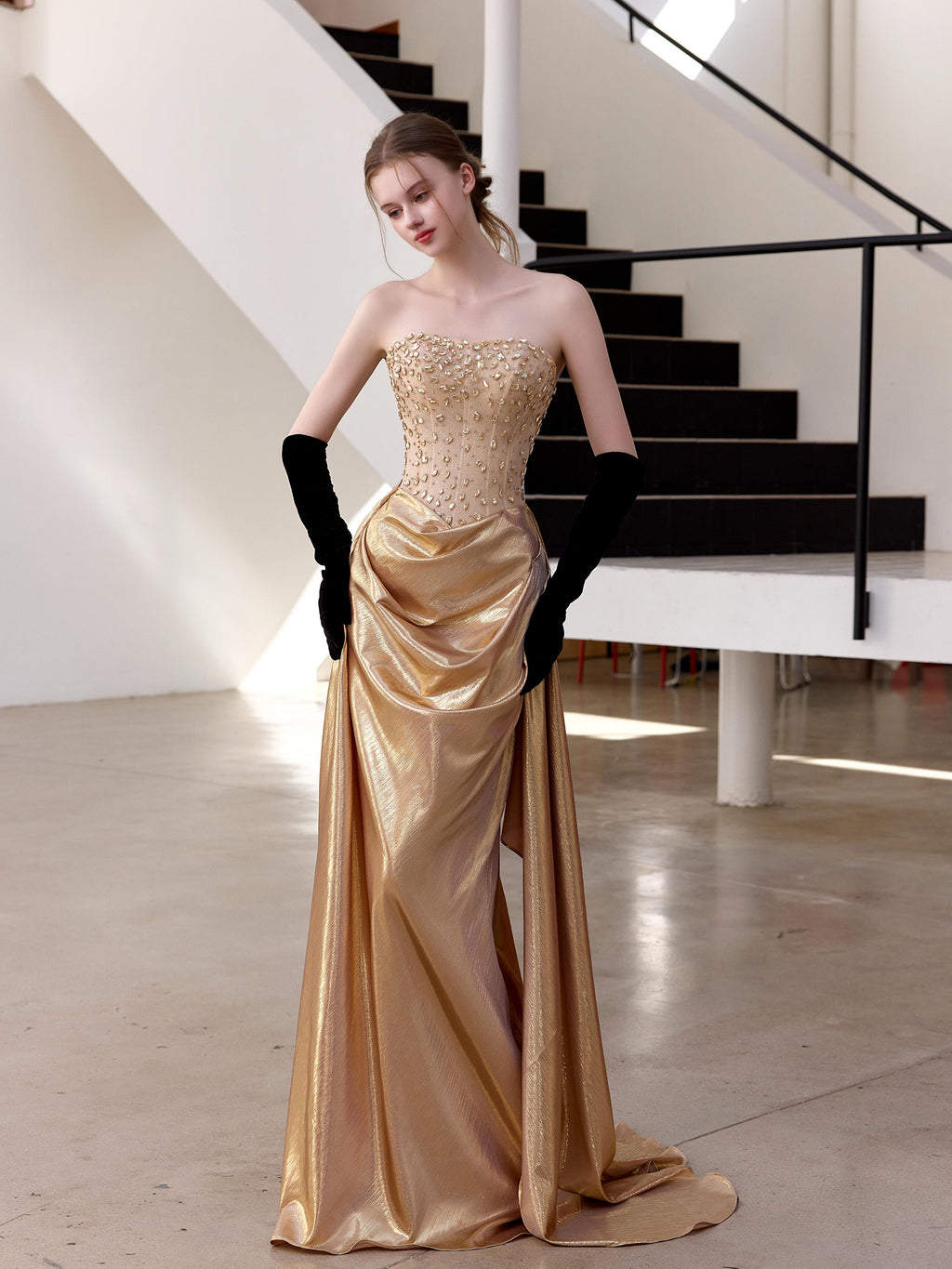 TwinkleGowns SL212 Champagne Gold Beaded Strapless Draped Evening Gown