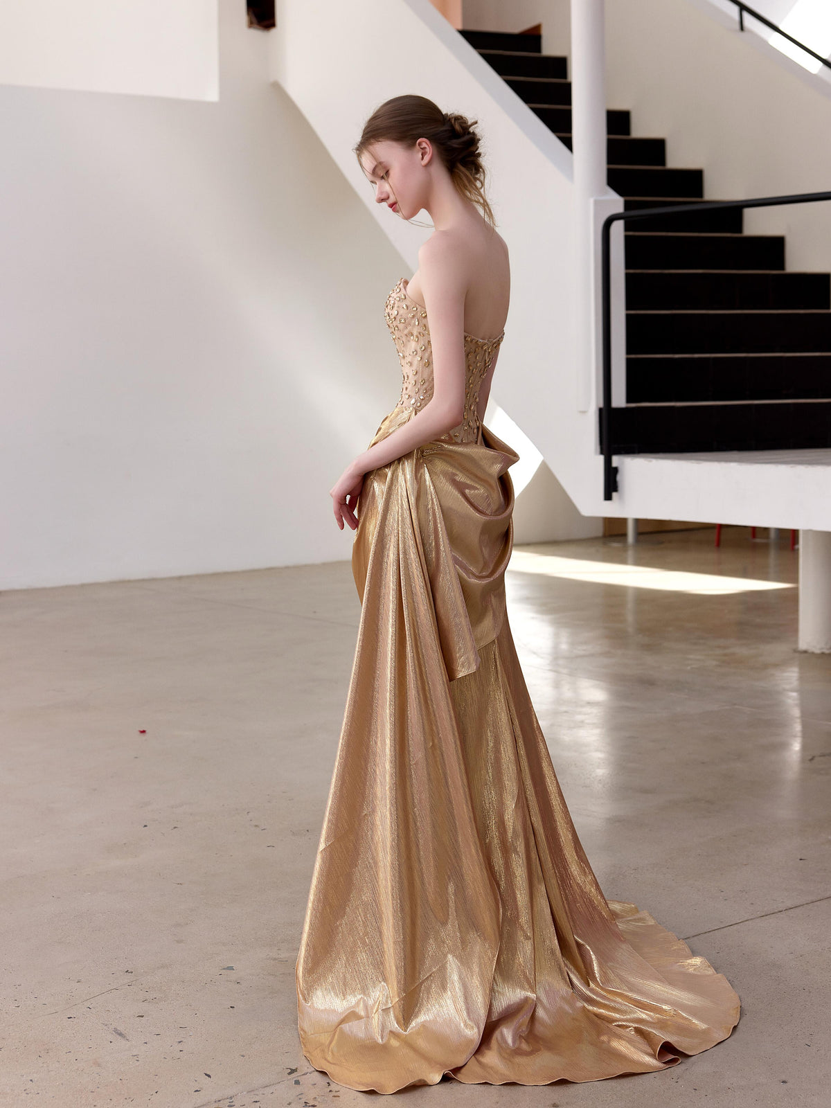 TwinkleGowns SL212 Champagne Gold Beaded Strapless Draped Evening Gown