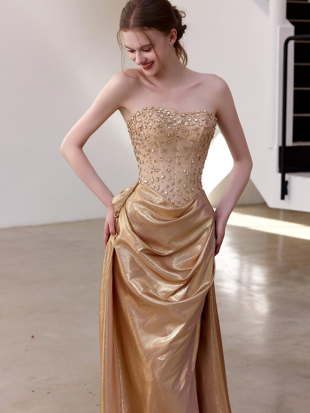 TwinkleGowns SL212 Champagne Gold Beaded Strapless Draped Evening Gown