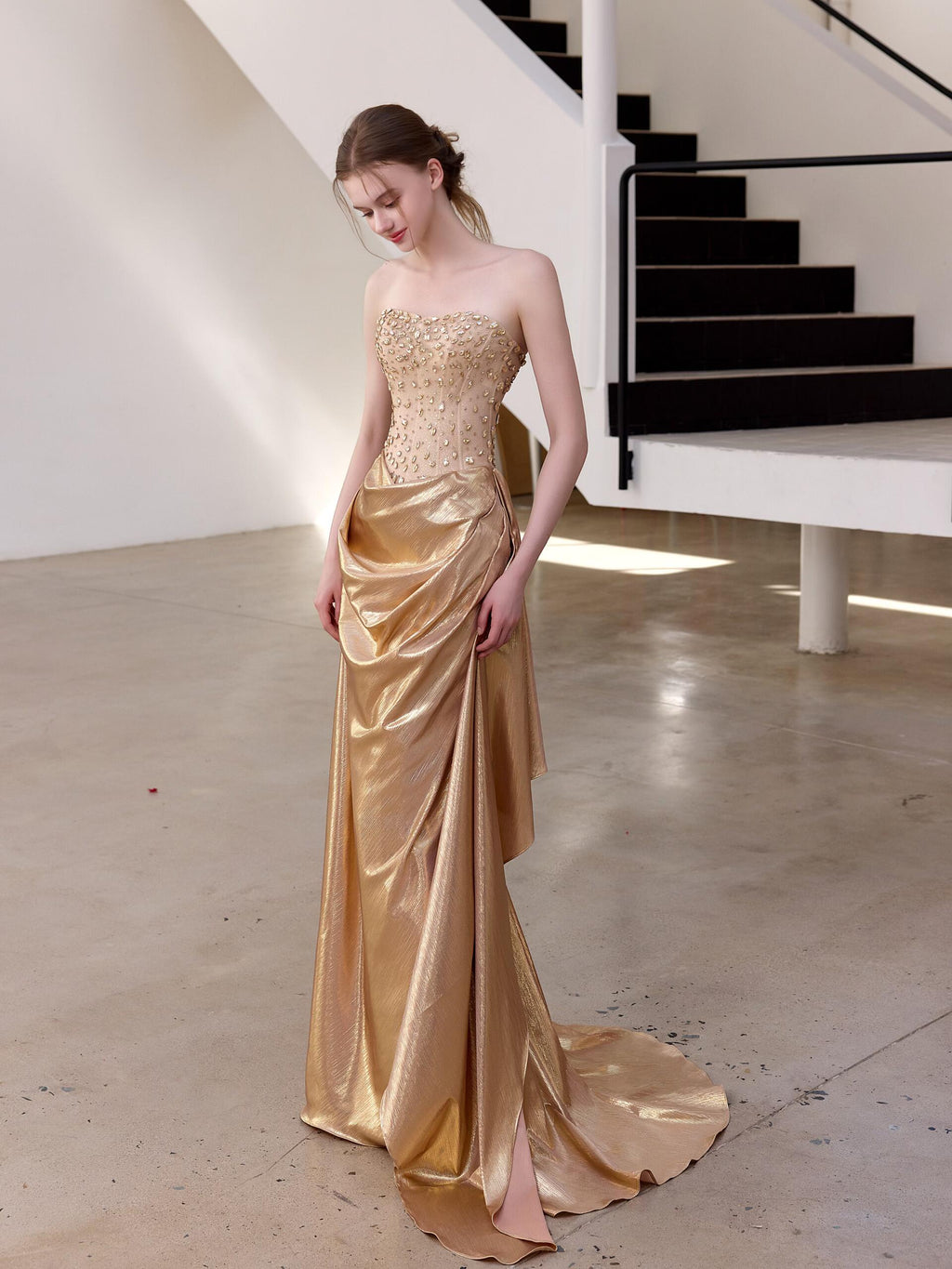 TwinkleGowns SL212 Champagne Gold Beaded Strapless Draped Evening Gown