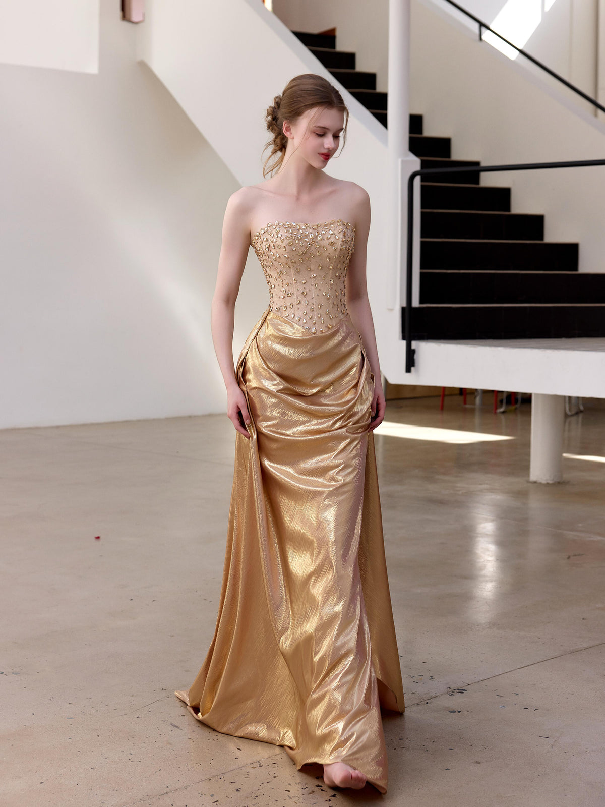 TwinkleGowns SL212 Champagne Gold Beaded Strapless Draped Evening Gown