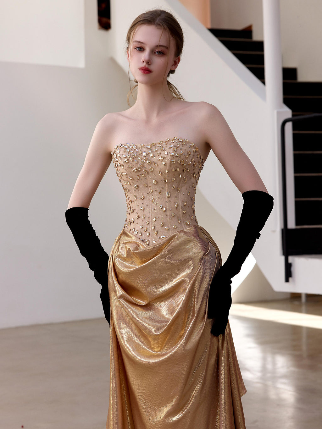 TwinkleGowns SL212 Champagne Gold Beaded Strapless Draped Evening Gown
