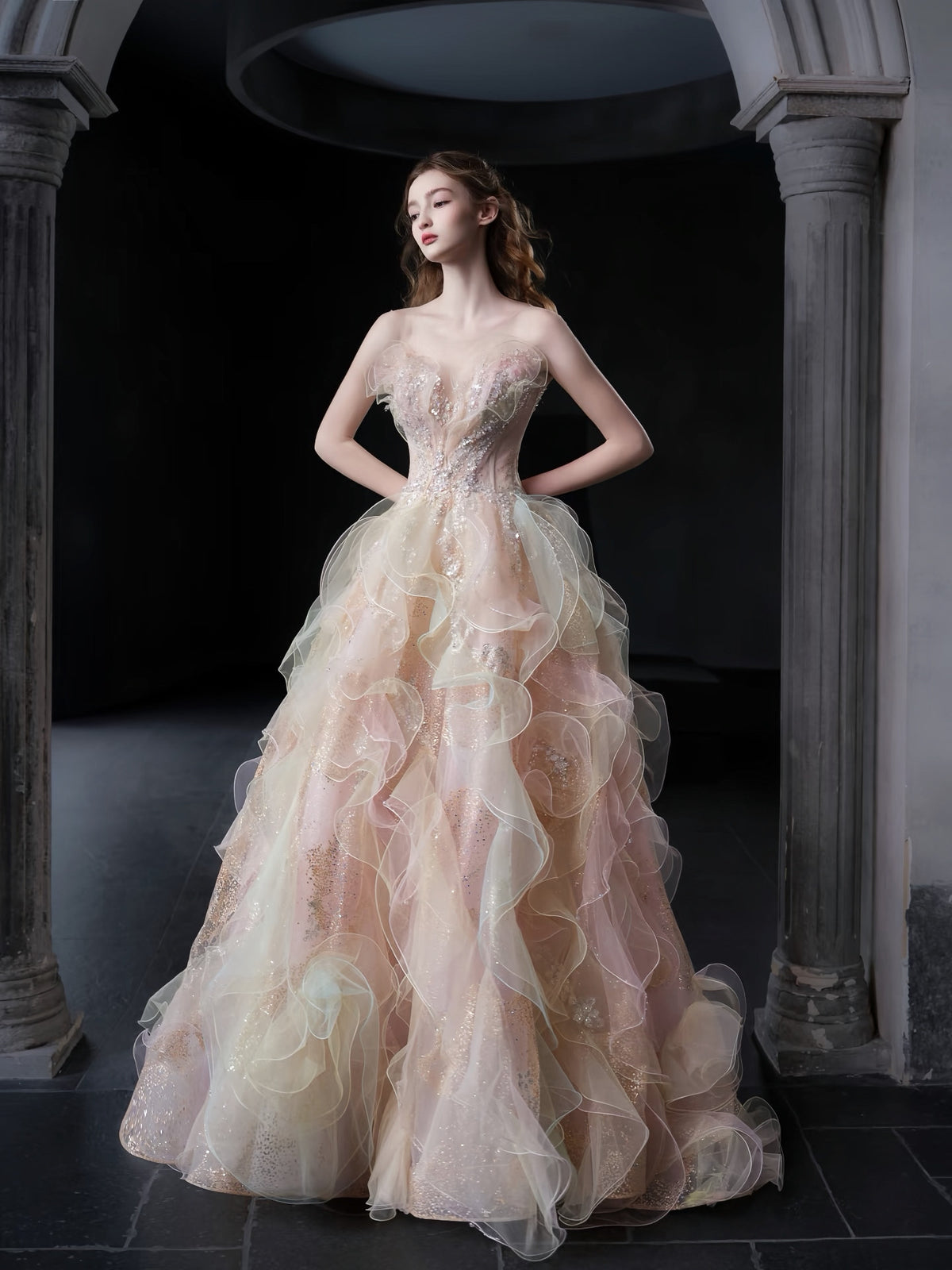 TwinkleGowns SL215 Romantic Blush Pink Strapless Couture Evening Gown
