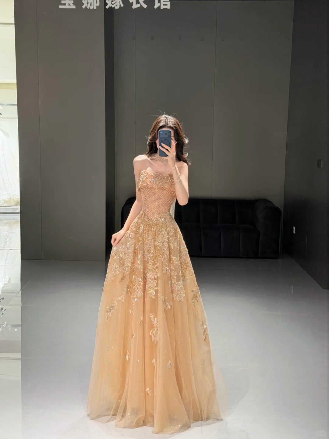 SL218 Champagne Gold Strapless Crystal Embellished Evening Gown