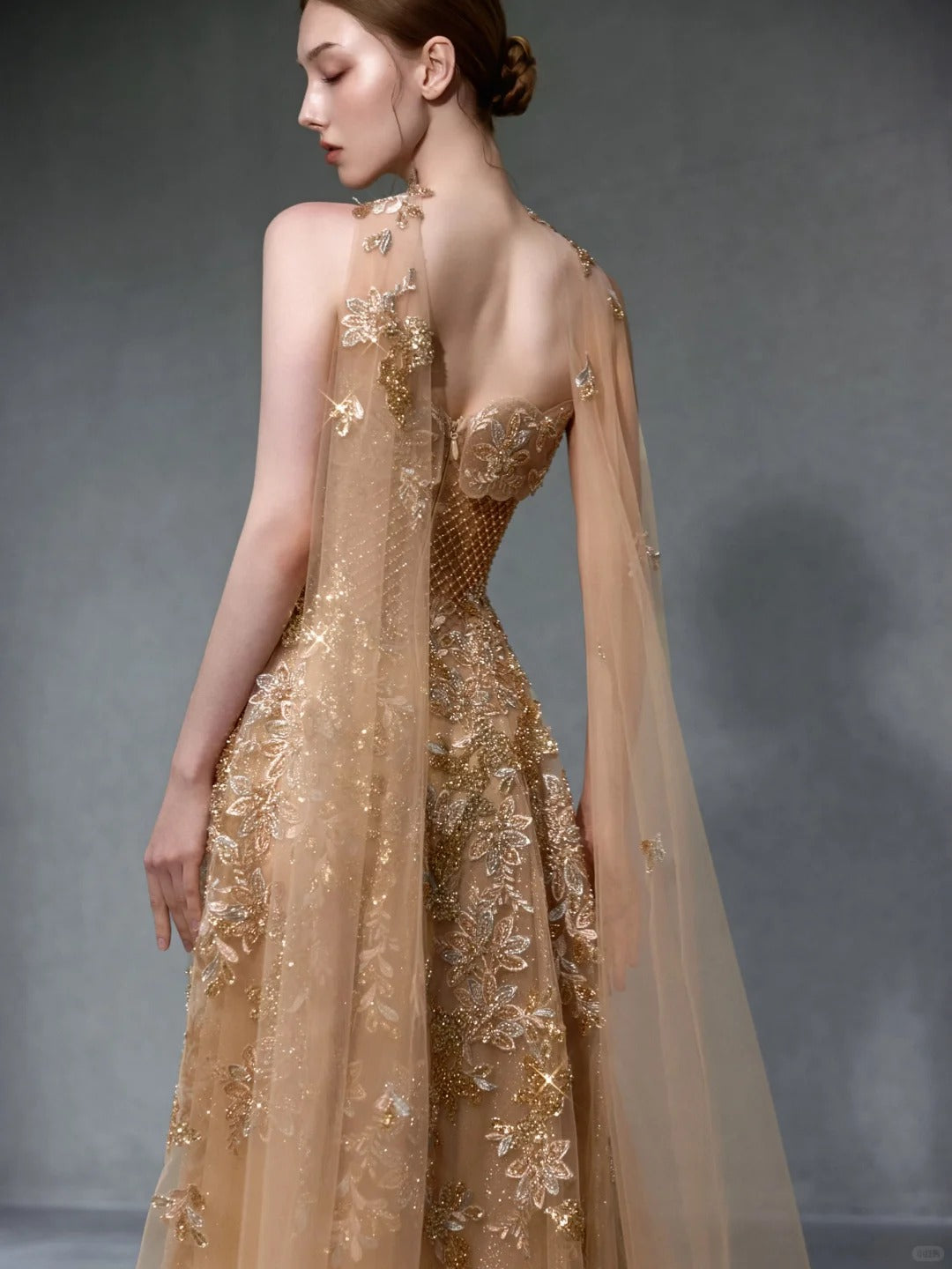 SL218 Champagne Gold Strapless Crystal Embellished Evening Gown