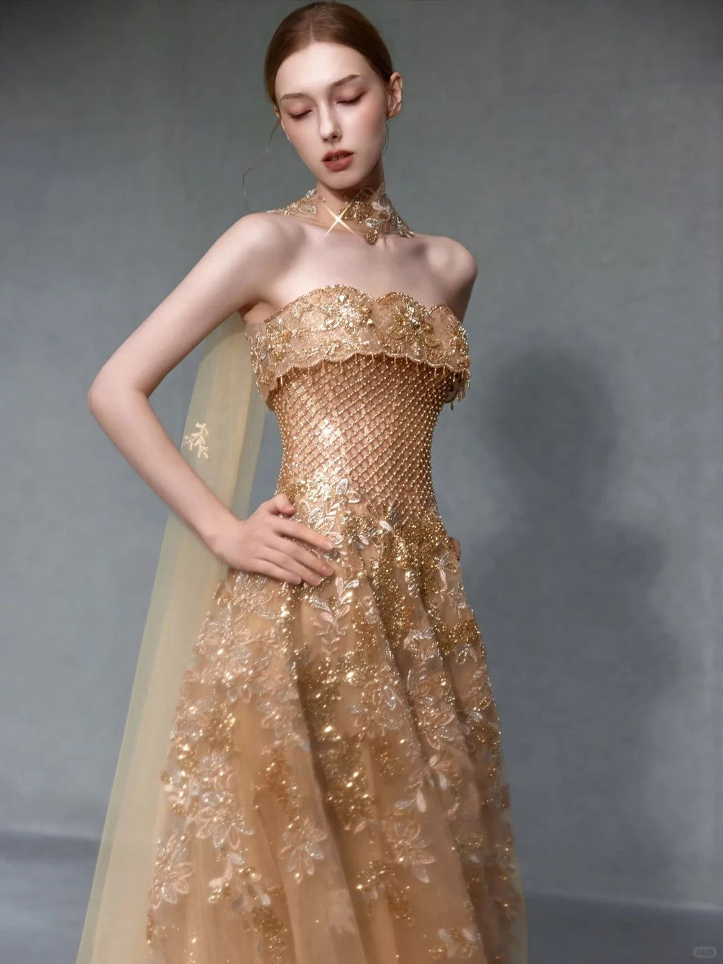 SL218 Champagne Gold Strapless Crystal Embellished Evening Gown