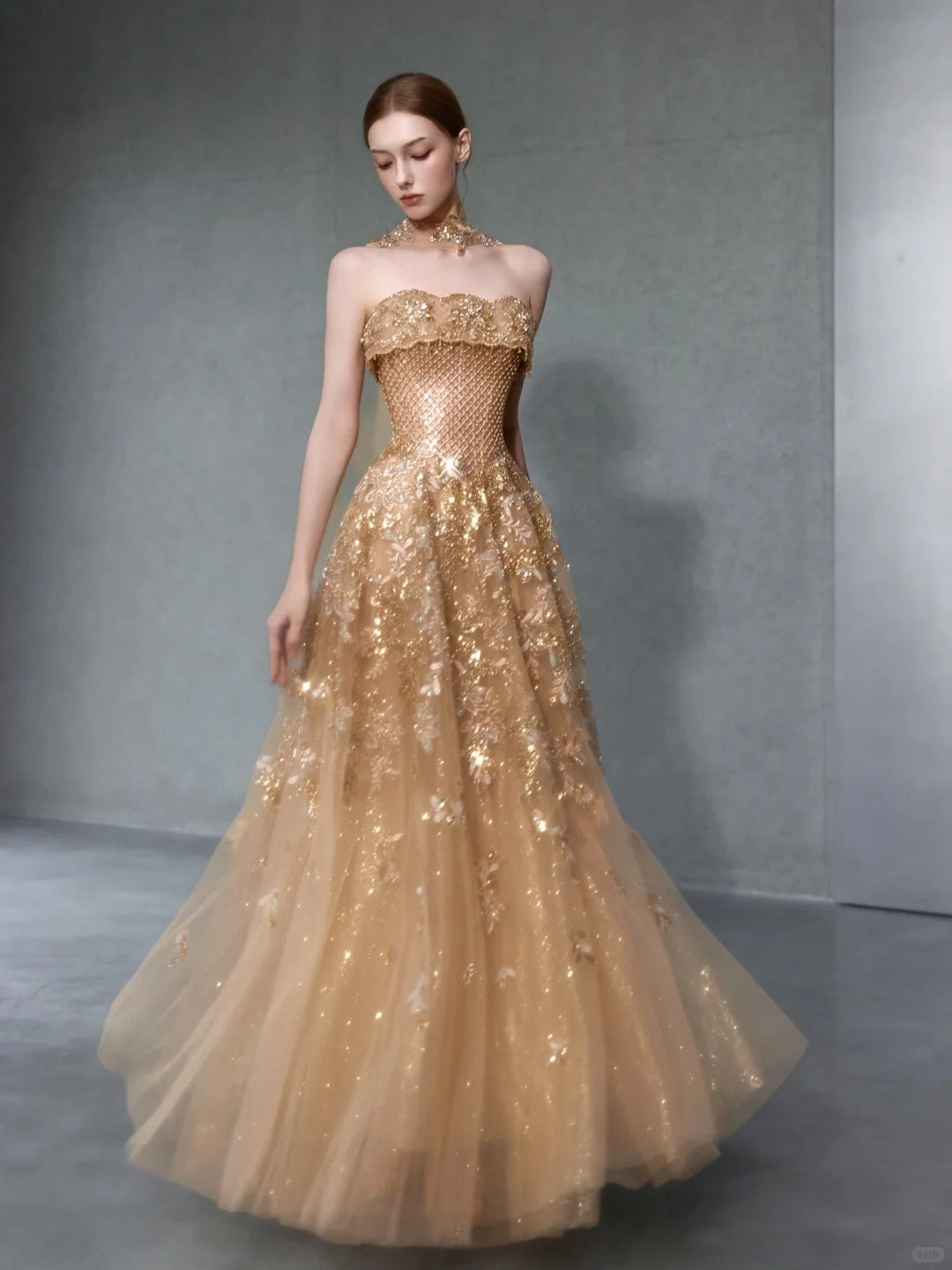 SL218 Champagne Gold Strapless Crystal Embellished Evening Gown