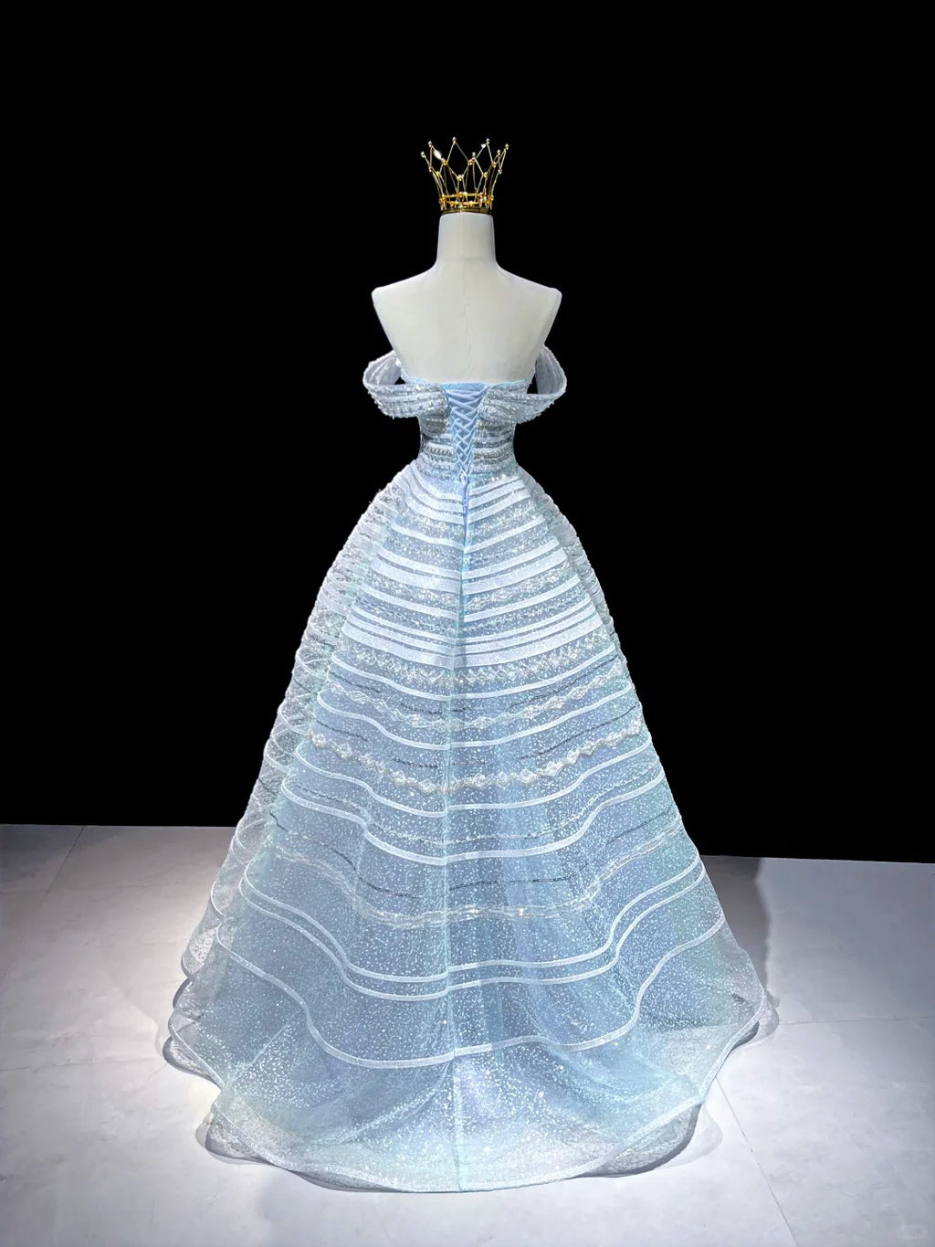 SL219 Dreamy Off-Shoulder Blue Glitter A-Line Evening Dress