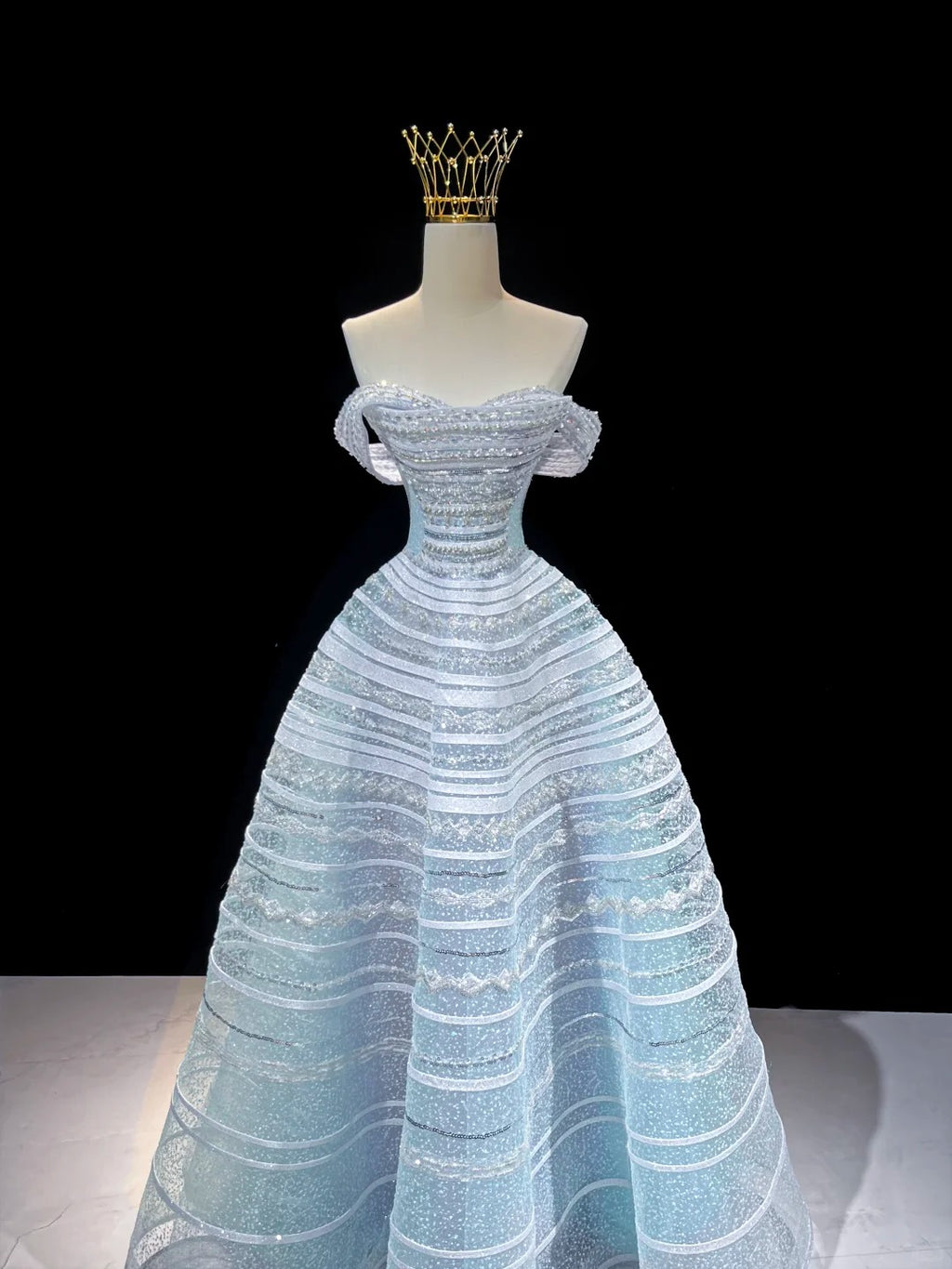 SL219 Dreamy Off-Shoulder Blue Glitter A-Line Evening Dress