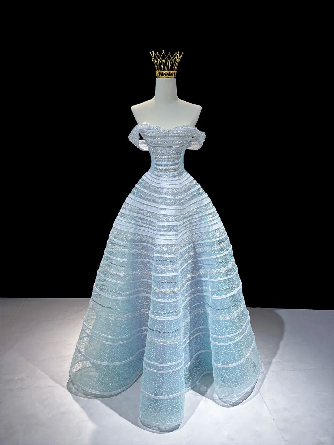 SL219 Dreamy Off-Shoulder Blue Glitter A-Line Evening Dress