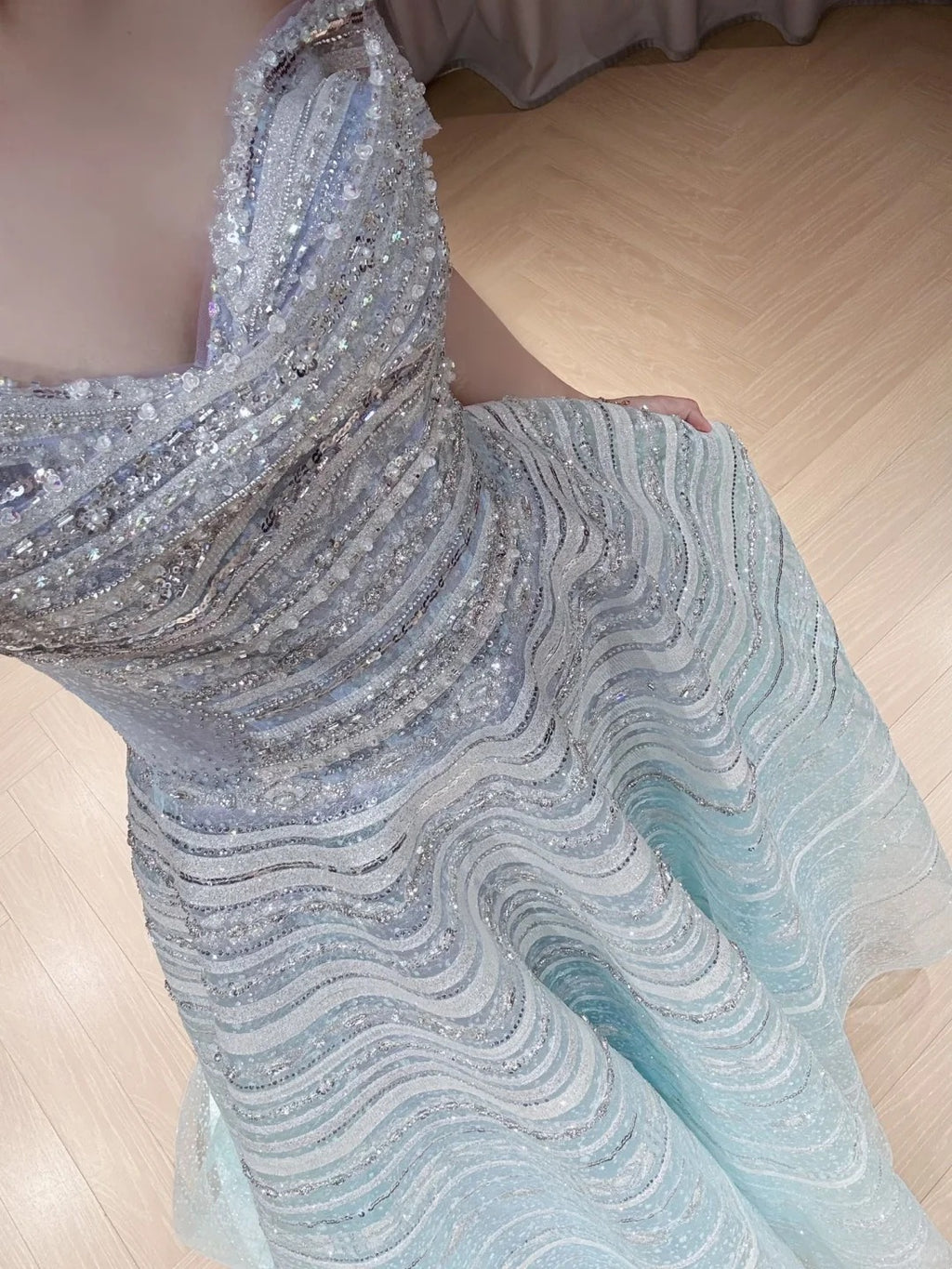 SL219 Dreamy Off-Shoulder Blue Glitter A-Line Evening Dress