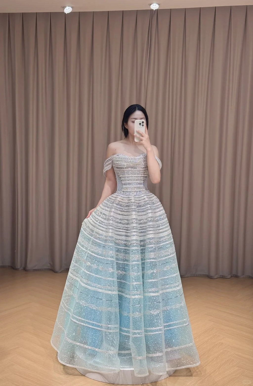SL219 Dreamy Off-Shoulder Blue Glitter A-Line Evening Dress