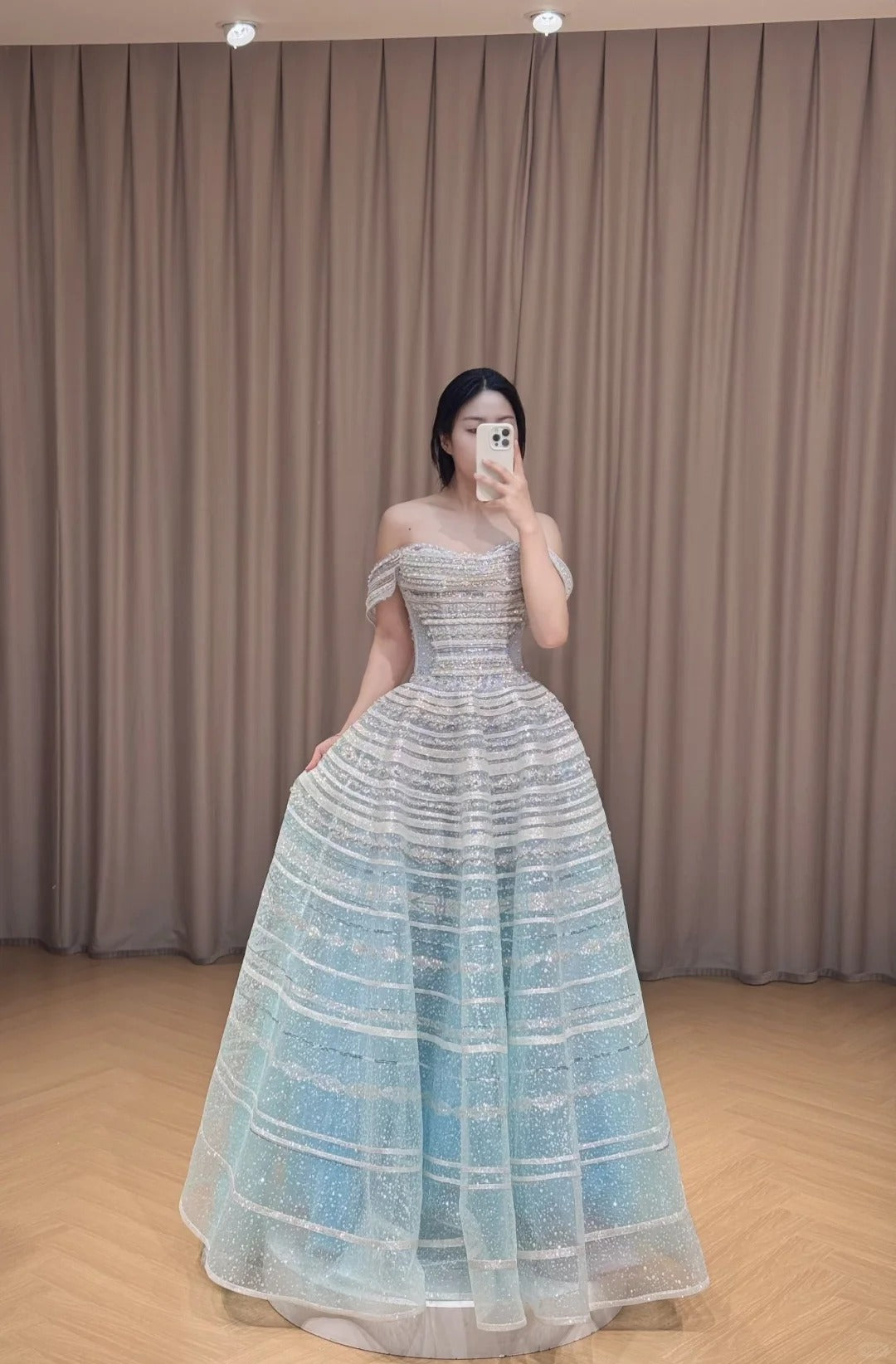 SL219 Dreamy Off-Shoulder Blue Glitter A-Line Evening Dress
