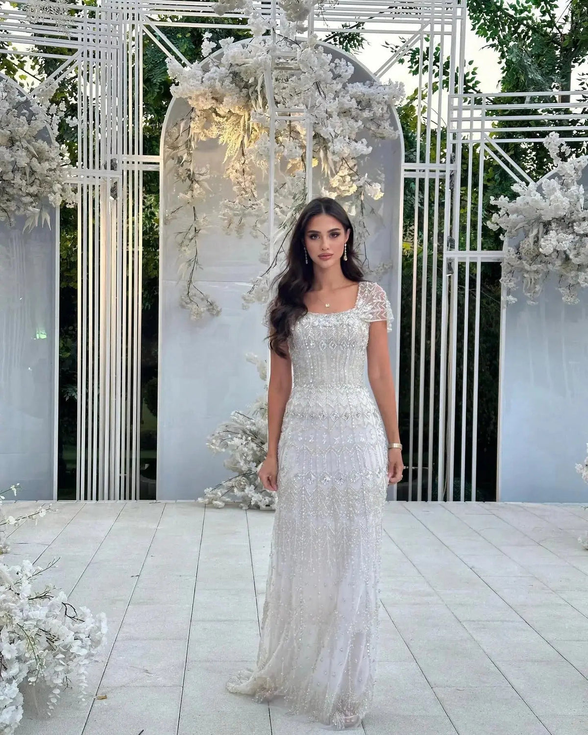 Elegant White Beaded Formal Dress with Short Sleeves SL209