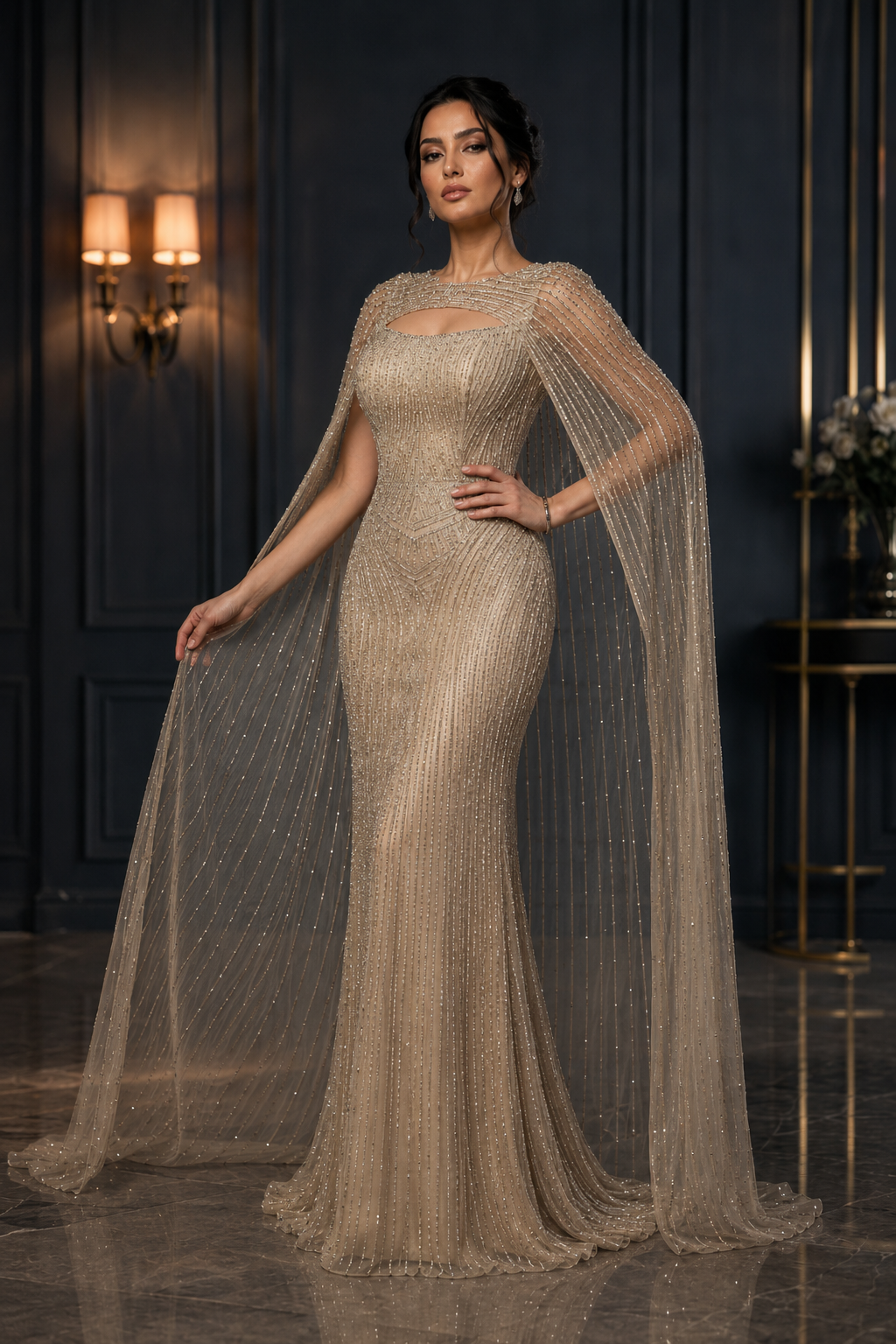 Luxury Light Gold Evening Gown with Sparkling Cape Detail SL171