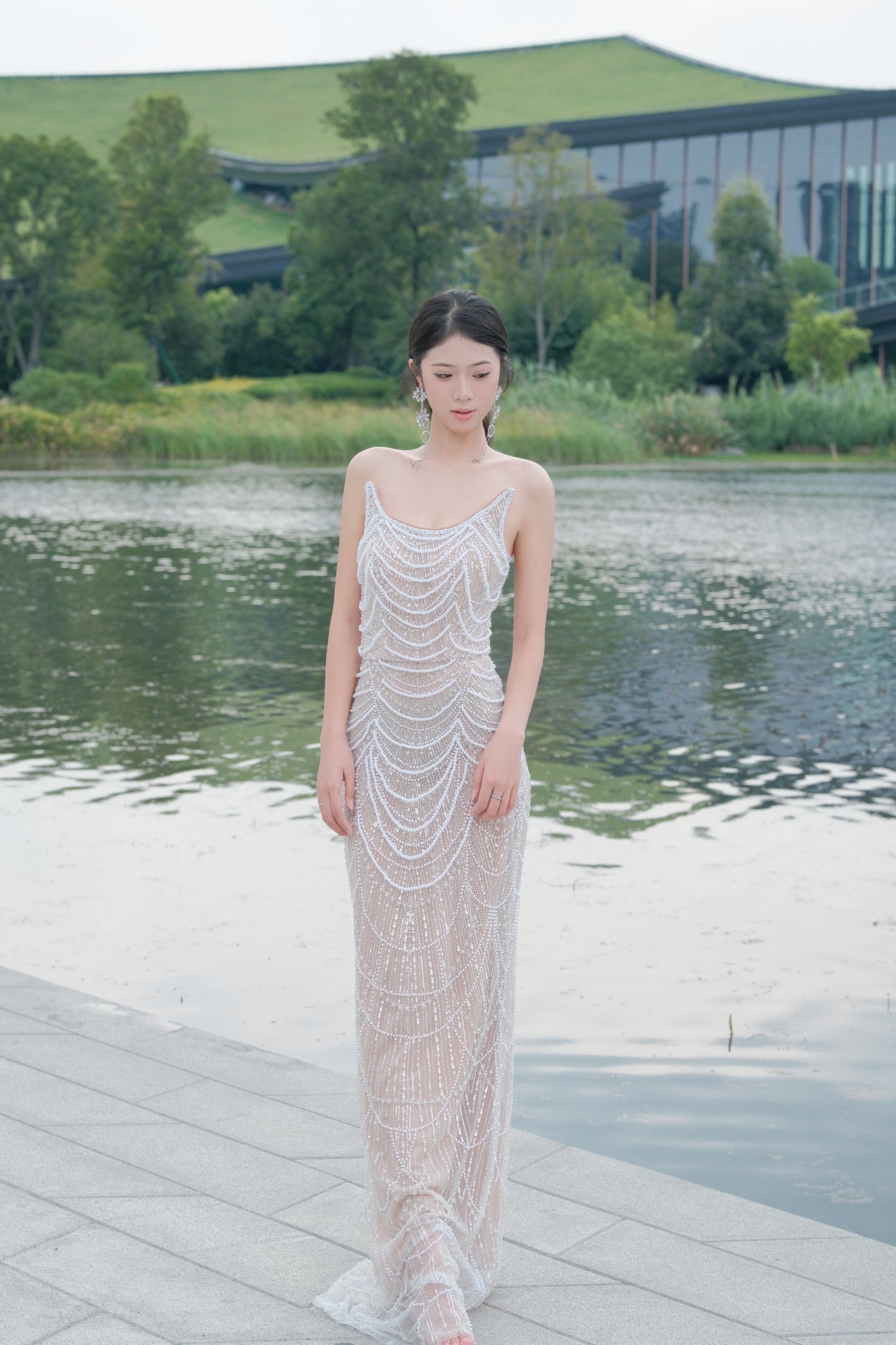 Pearl Lady Luxury Hand Beaded Dress Heavy Duty Flash Birthday Dress Y119