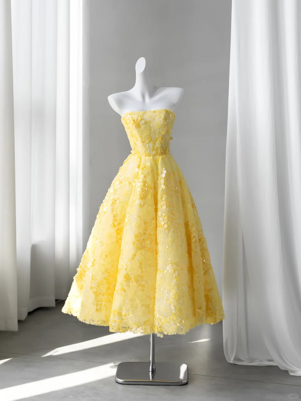 Yellow Floral Strapless A-Line Prom Dress EL101
