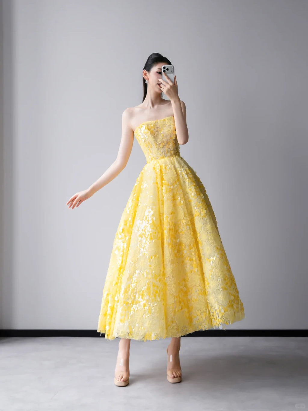 Yellow Floral Strapless A-Line Prom Dress EL101