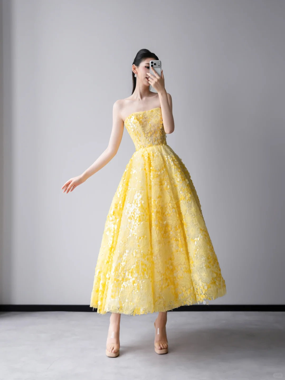 Yellow Floral Strapless A-Line Prom Dress EL101