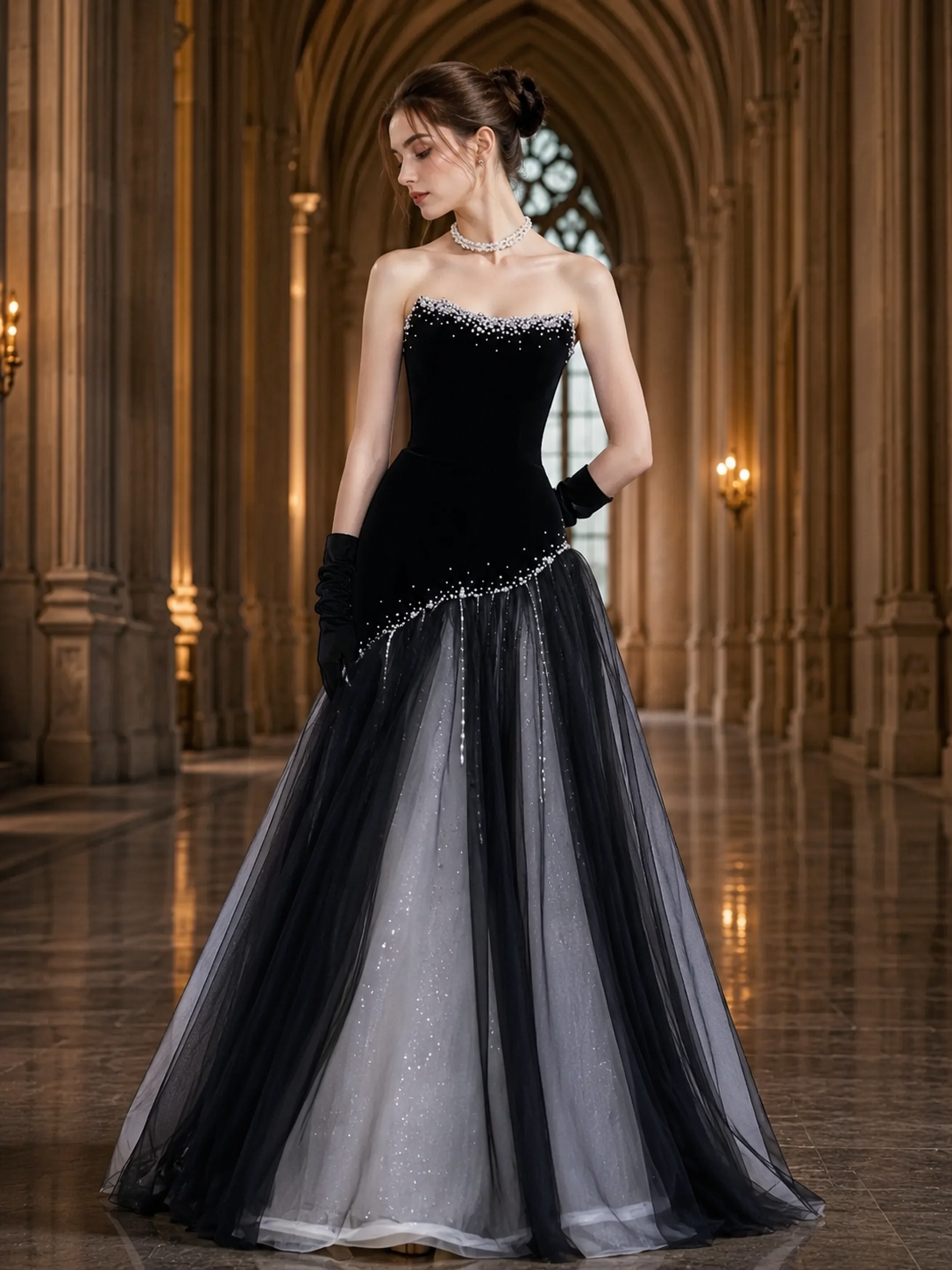 High-End Midnight Velvet Pearl Stardust Evening Dress YJ122
