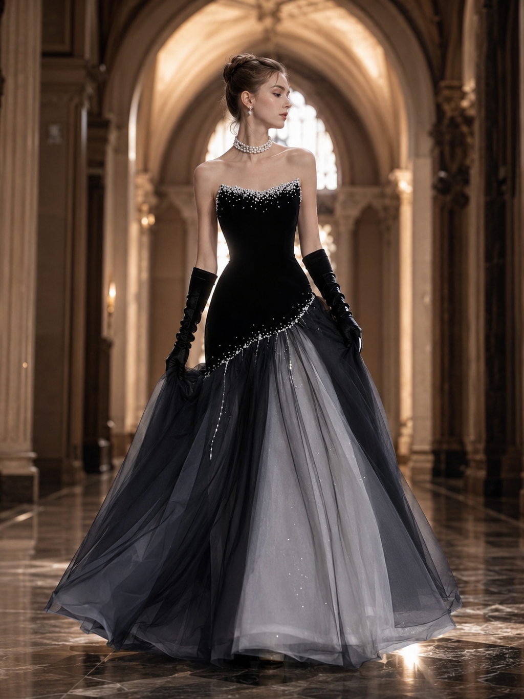 High-End Midnight Velvet Pearl Stardust Evening Dress YJ122