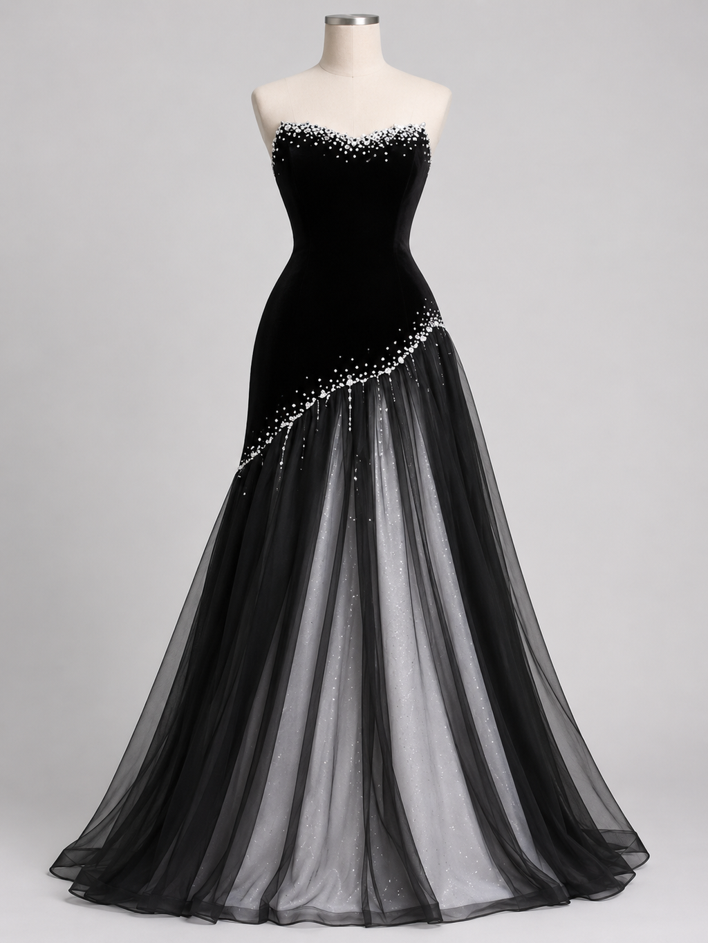 High-End Midnight Velvet Pearl Stardust Evening Dress YJ122