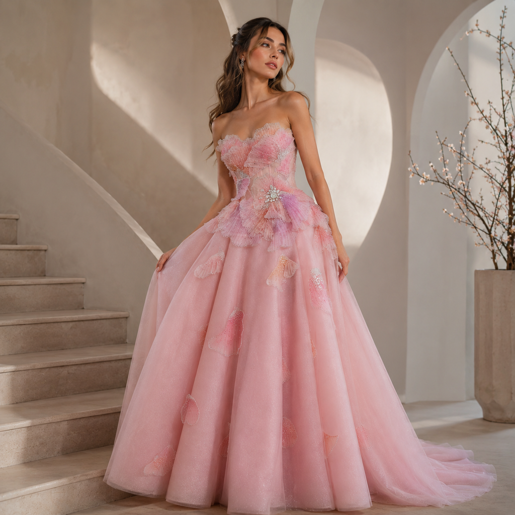 Elegant Pink 3D Floral Beaded Ball Gown Evening Dress YL142