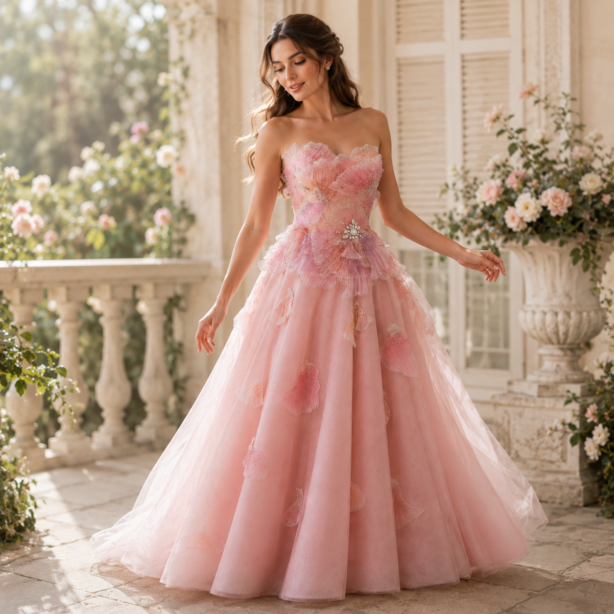 Elegant Pink 3D Floral Beaded Ball Gown Evening Dress YL142
