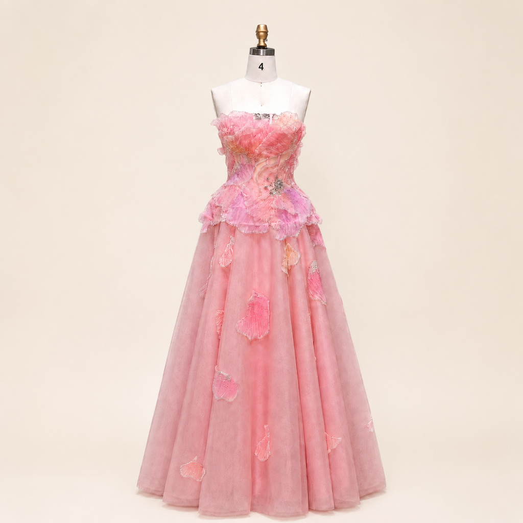 Elegant Pink 3D Floral Beaded Ball Gown Evening Dress YL142