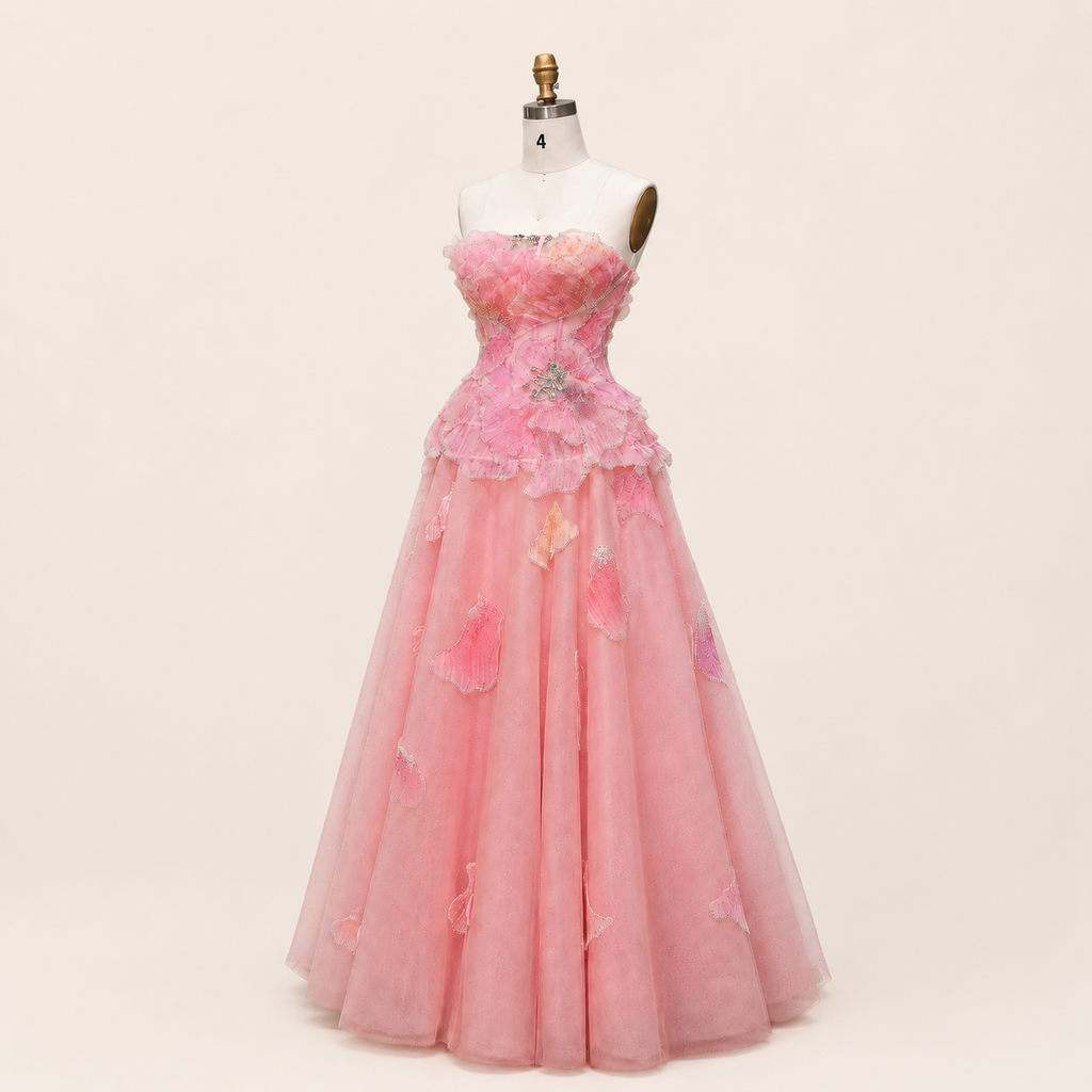 Elegant Pink 3D Floral Beaded Ball Gown Evening Dress YL142