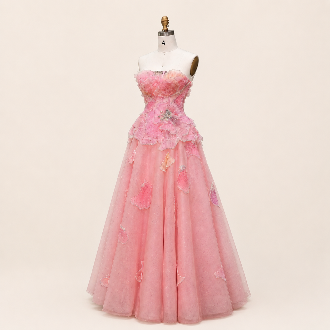 Elegant Pink 3D Floral Beaded Ball Gown Evening Dress YL142