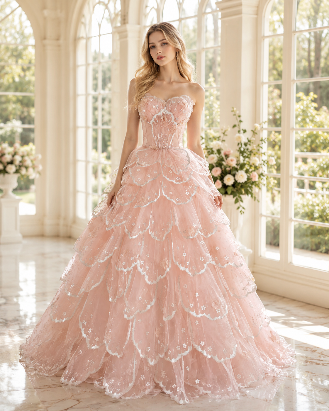 Luxury Blush Pink 3D Floral Layered Tulle with Detachable Sleeves Evening Dress YL146