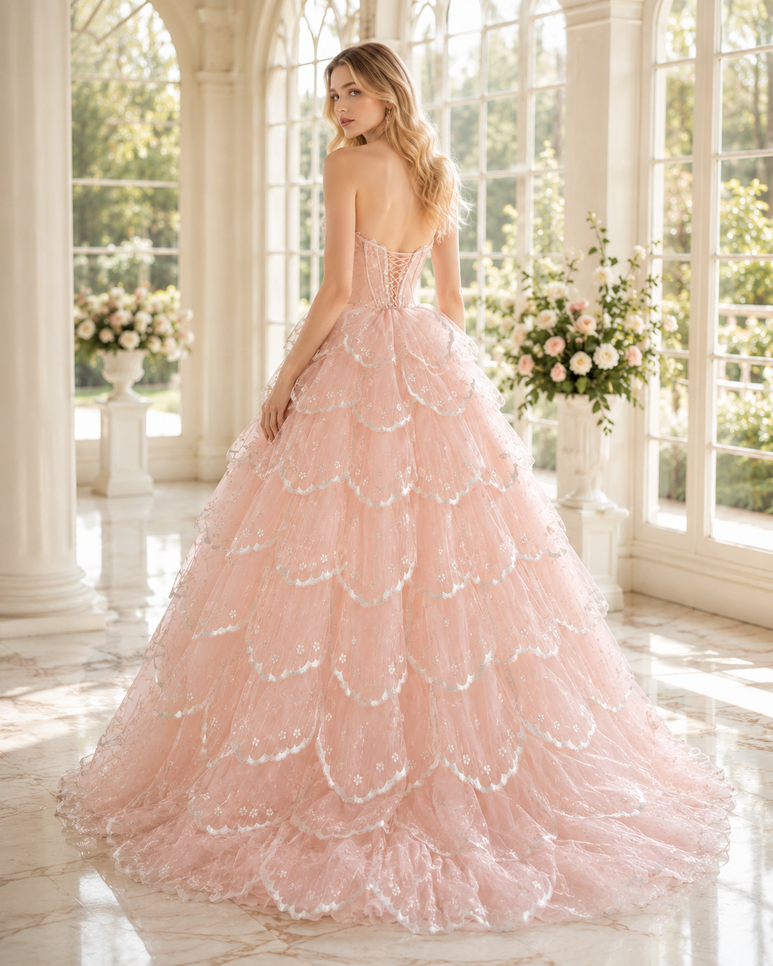 Luxury Blush Pink 3D Floral Layered Tulle with Detachable Sleeves Evening Dress YL146